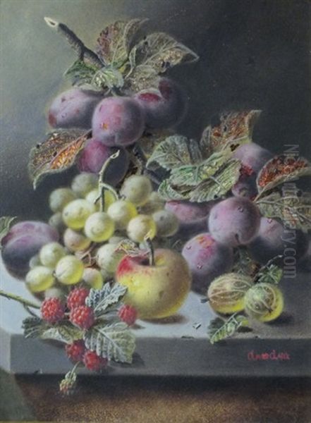 Still Life Of Grapes, Plums, Raspberries, A Peach And Greengages Oil Painting by Oliver Clare