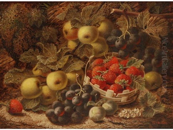 A Still Life Study Of Apples, Grapes, Strawberries And Other Fruit, In A Woodland Setting by Oliver Clare