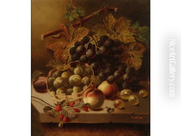 A Still Life Study Of Grapes, Peaches, Plums, Raspberries And Gooseberries, On A Tabletop Oil Painting by Oliver Clare