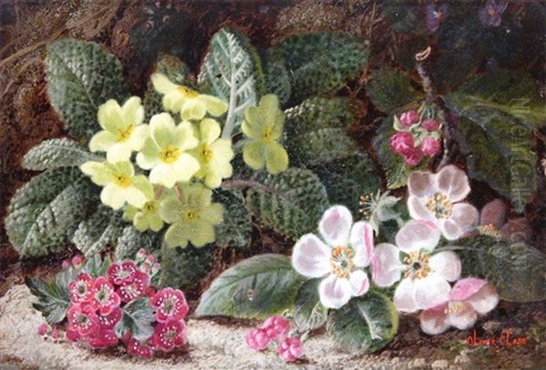 Primroses And Plums On A Mossy Bank (pair) Oil Painting by Oliver Clare