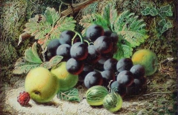 Still Life With Grapes, Apples And Gooseberries And Still Life With Grapes, Plums And Strawberry (pair) Oil Painting by Oliver Clare