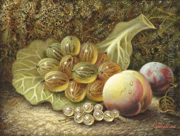 A Peach, Plums, White Currants And A Strawberry On A Mossy Bank (+ Gooseberries, A Peach, A Plum And White Currants On A Mossy Bank; 2 Works) Oil Painting by Oliver Clare