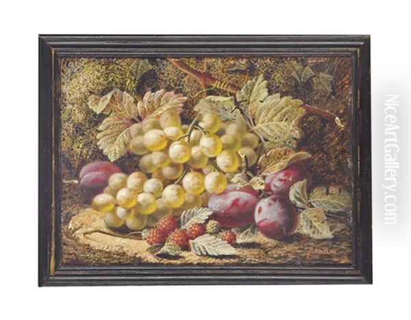 Green Grapes, Plums And Raspberries On A Mossy Bank; Black Grapes, Gooseberries And Apples On A Mossy Bank (2 Works) Oil Painting by Oliver Clare