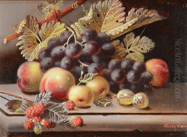 Still Life Of Peaches, Gooseberries, Grapes And Raspberries Oil Painting by Oliver Clare