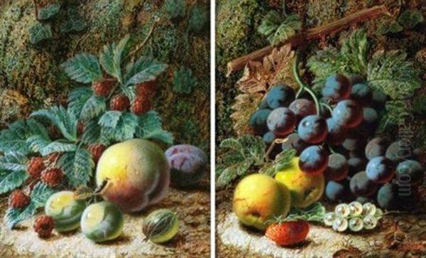 Still Life Studies Of Mixed Fruit On A Mossy Bank (2 Works) Oil Painting by Oliver Clare