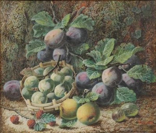 Still Life Of Plums, Apricots, Apples, Gooseberries And Raspberries Oil Painting by Oliver Clare