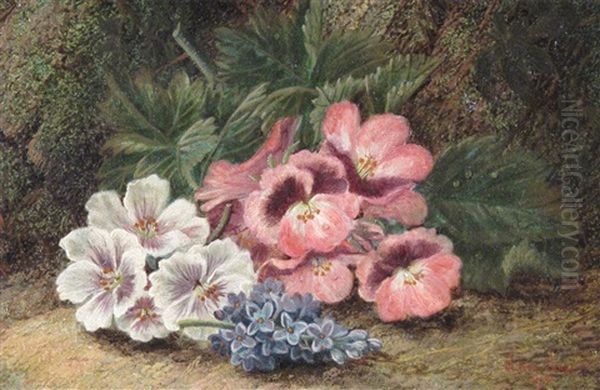 Raspberries And A Plum And Flowers On A Mossy Bank (pair) Oil Painting by Oliver Clare