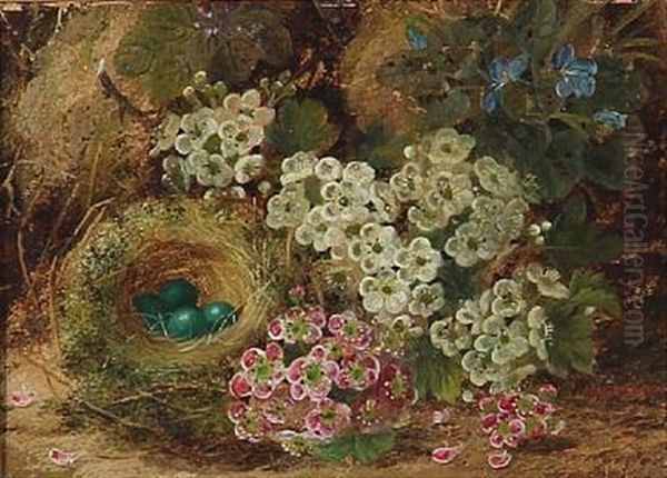 Still Life With Flowers And Eggs In A Nest Oil Painting by Oliver Clare