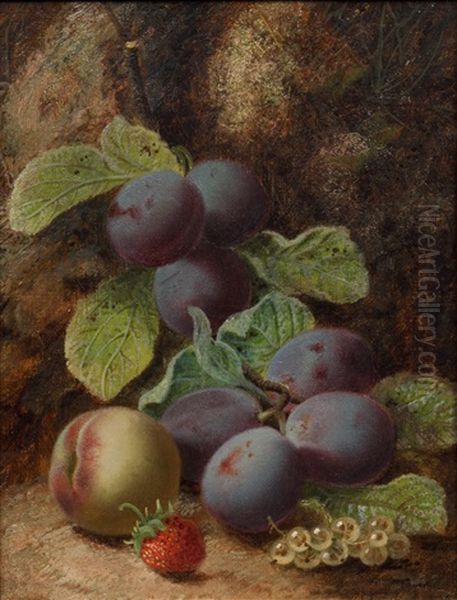 Still Life Of Grapes And Plums On A Mossy Bank; And Companion (pair) Oil Painting by Oliver Clare