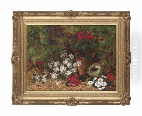 Flowers And A Bird's Nest On A Mossy Bank Oil Painting by Oliver Clare