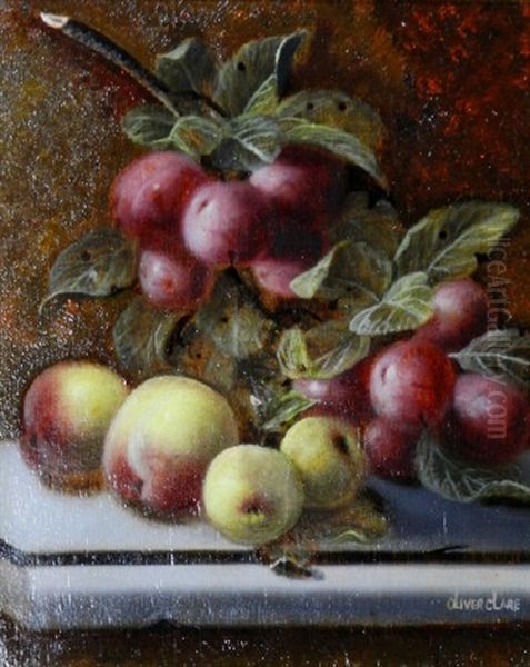 Plums And Grapes On A Stone Ledge by Oliver Clare