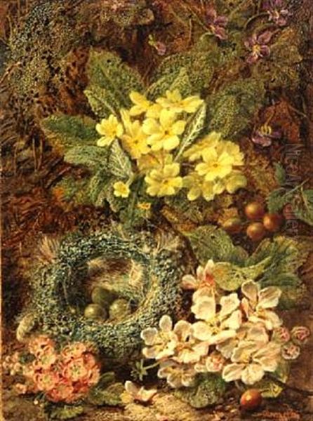 A Still Life With A Bird's Nest And Wildflowers On A Mossy Bank (+ A Still Life With A Bird's Nest, Pansies And Other Wildflowers On A Mossy Bank; Pair) by Oliver Clare