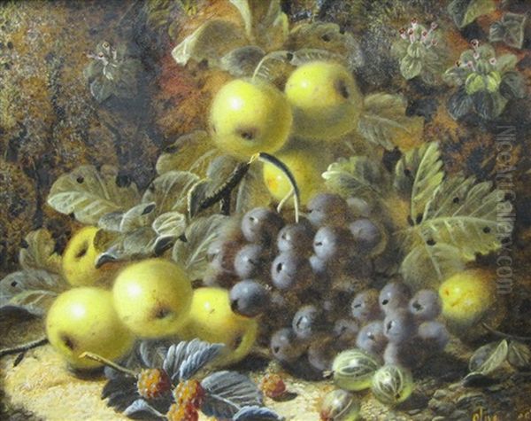 A Still Life Og Apples, Grapes, And Gooseberries On A Bank Oil Painting by Oliver Clare