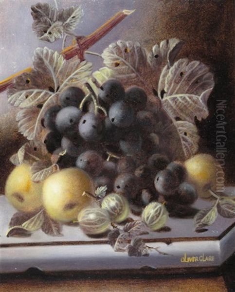 Still Life Of Grapes And Apples On A Ledge Oil Painting by Oliver Clare