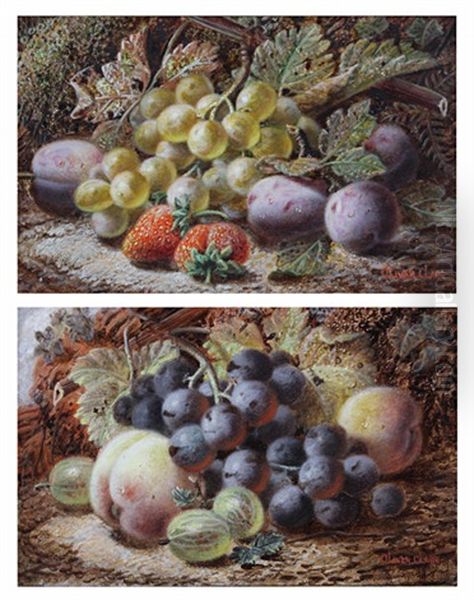 Green Grapes, Plums And Strawberries (+ Black Grapes, Peaches And Gooseberries; Pair) Oil Painting by Oliver Clare