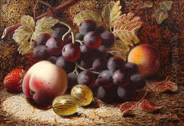 Still Life Of Grapes, Gooseberries, A Peach And A Strawberry On A Mossy Bank (+ Another; Pair) Oil Painting by Oliver Clare