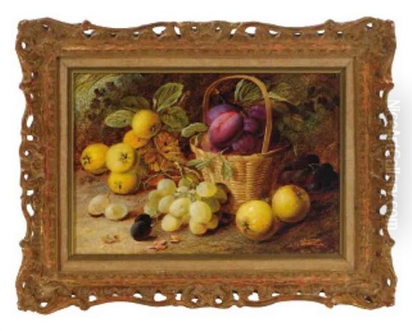 Still Life Of Raspberries, Plums And Peaches On A Table Oil Painting by Oliver Clare