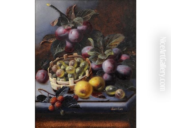 Still Life Of Plums, Gooseberries And Raspberries On A Ledge Oil Painting by Oliver Clare