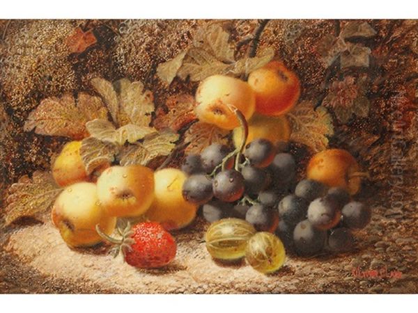 A Still Life Of Soft Fruit Beside A Cabbage Leaf (+ A Still Life Of Grapes And Other Fruit; Pair) Oil Painting by Oliver Clare