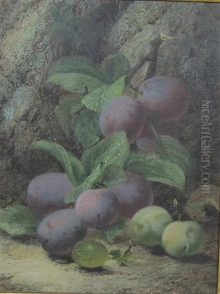 A Still Life Of Plums On A Bank Oil Painting by Oliver Clare