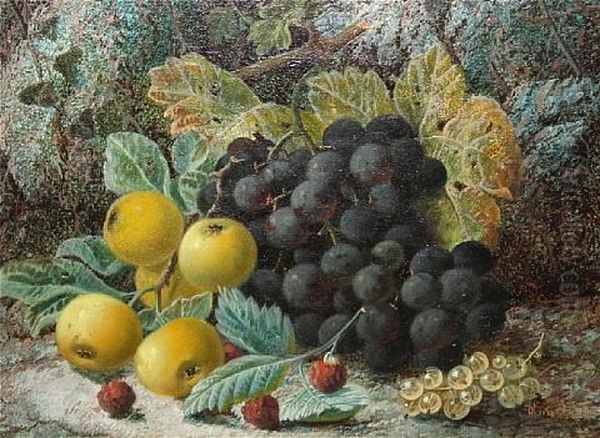 Black Grapes, Apples, White Currants And Raspberries Against A Mossy Bank by Oliver Clare