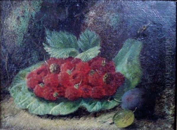 Still Life With Raspberries, A Gooseberry And A Plum On A Mossy Bank by Oliver Clare