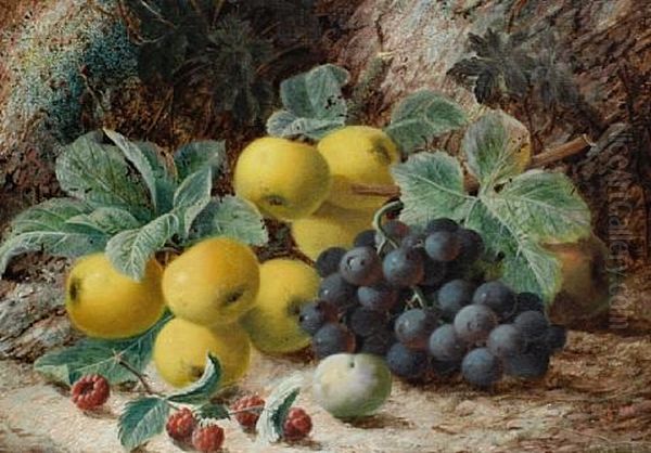 Still Life Of Apples, Grapes And Raspberries On A Mossy Bank Oil Painting by Oliver Clare