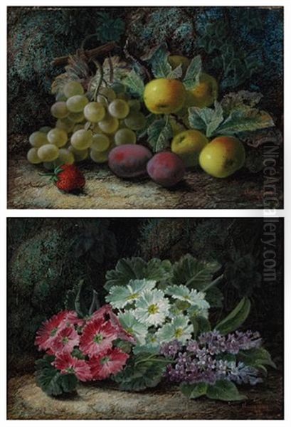 Primroses And Lilac (+ Grapes, Apples, Plums And A Strawberry; Pair) Oil Painting by Oliver Clare