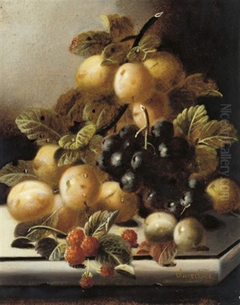 Greengages, Grapes And Raspberries On A Stone Ledge (+ Plums, Gooseberries And A Peach On A Stone Ledge; Pair) Oil Painting by Oliver Clare