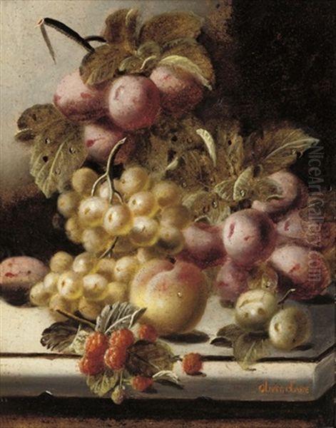 Plums, Grapes, A Peach And Raspberries On A Stone Ledge (+ Another; Pair) Oil Painting by Oliver Clare