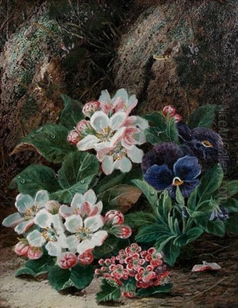 Still Life Of Plums, Apples And Strawberries (+ A Still Life Of Pansies And Primroses; Pair) Oil Painting by Oliver Clare