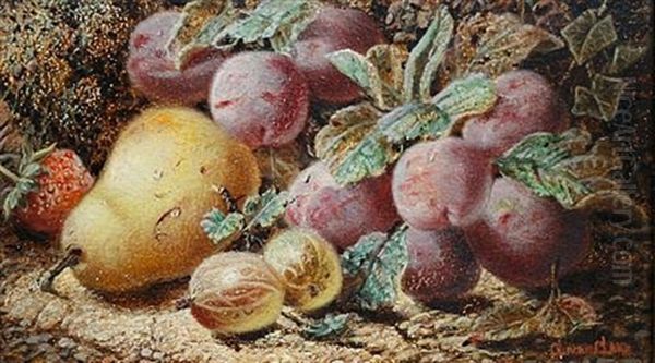 Still Life Of Plums, Gooseberries, A Pear And A Strawberry On A Mossy Bank Oil Painting by Oliver Clare