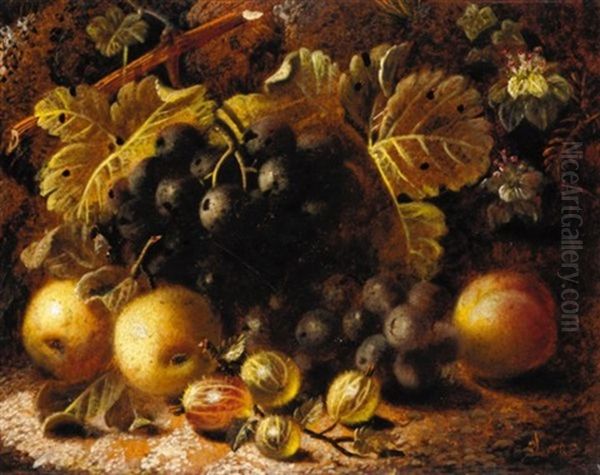 Still Life Of Goosebery's And Grapes (+ Still Life Of Bird's Nest With Flowers; Pair) Oil Painting by Oliver Clare