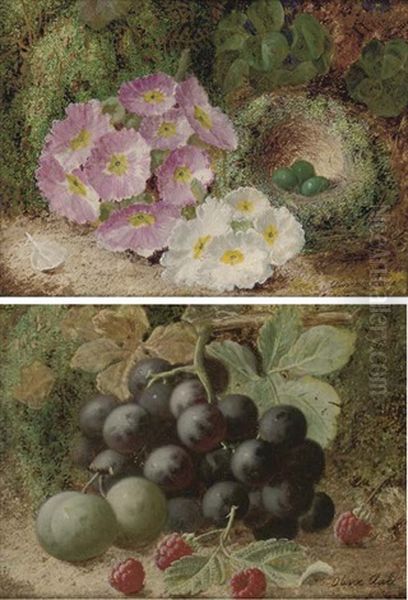 Grapes, Plums And Raspberries On A Mossy Bank (+ A Bird's Nest And Eggs With Flowers On A Mossy Bank; Pair) by Oliver Clare