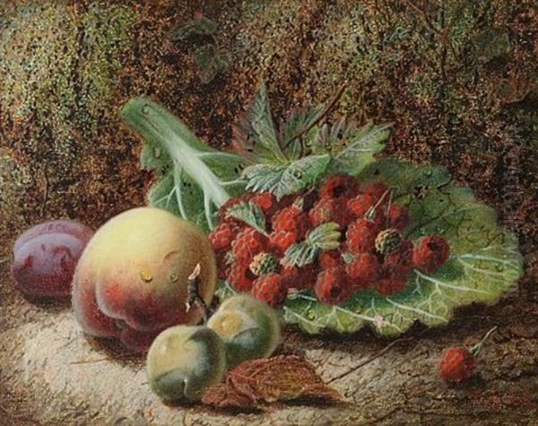 Still Life With Peach, Raspberries And Fruit On A Mossy Bank Oil Painting by Oliver Clare