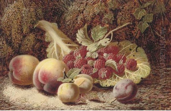 Plums, Raspberries And Peaches On A Mossy Bank Oil Painting by Oliver Clare