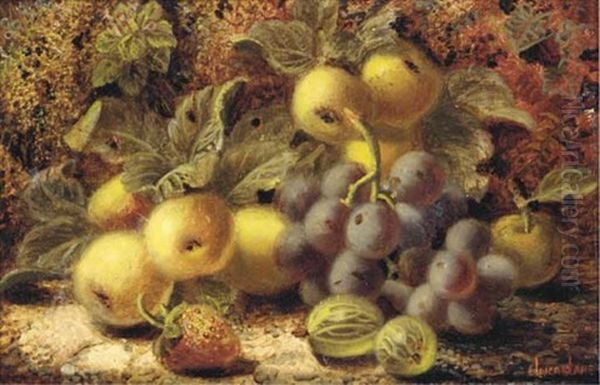 Plums And Peaches On A Mossy Bank (+ Grapes, Gooseberries And Strawberries On A Mossy Bank; 2 Works) Oil Painting by Oliver Clare