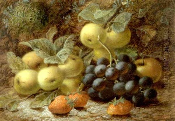 A Still Life Of Apples, Red Grapes And Strawberries On A Mossy Bank Oil Painting by Oliver Clare