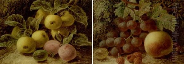 A Still Life Of Apples And Plums On A Bank (+ A Still Life Of Grapes And Raspberries On A Mossy Bank; Pair) Oil Painting by Oliver Clare