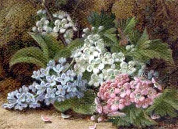 Still Life Of Apple Blossom And Lilac On A Mossy Bank Oil Painting by Oliver Clare