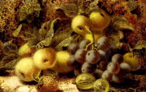 Plums And Peaches On A Mossy Bank Oil Painting by Oliver Clare