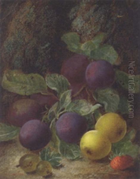 Still Life Of Plums, Gooseberries, Apples And A Strawberry On A Mossy Bank Oil Painting by Oliver Clare