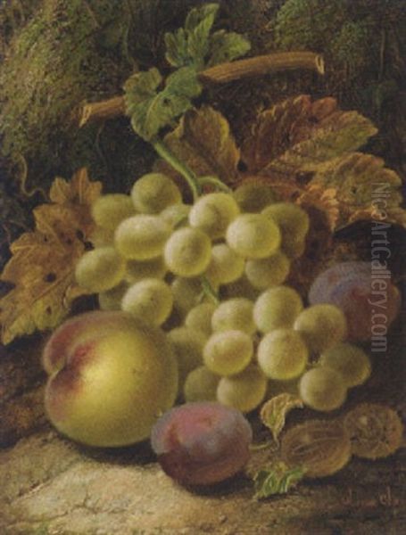 Grapes, Plums, Gooseberries And A Peach, On A Mossy Bank Oil Painting by Oliver Clare