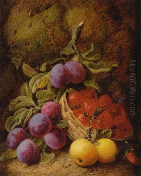 Still Life Of Apples, Plums And Strawberries In Basket Oil Painting by Oliver Clare