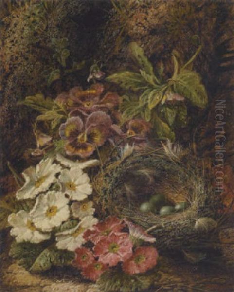 A Still Life With A Bird's Nest, Pansies And Other Wildflowers On A Mossy Bank Oil Painting by Oliver Clare