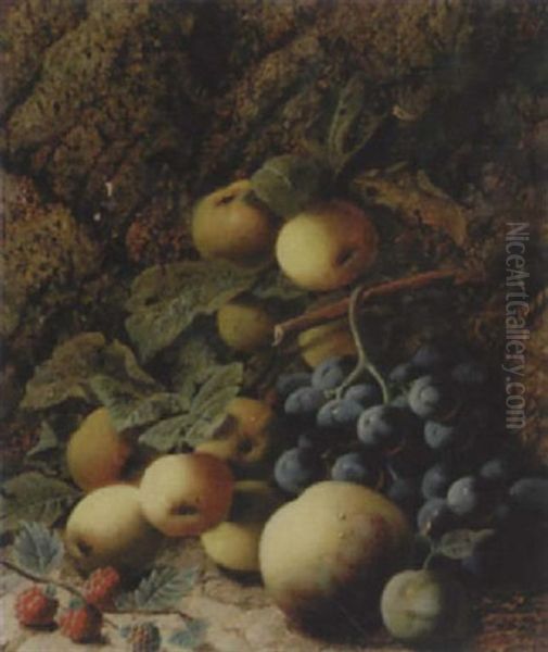 Stilleben Mit Apfeln, Trauben, Himbeeren Und Pfirsich Oil Painting by Oliver Clare