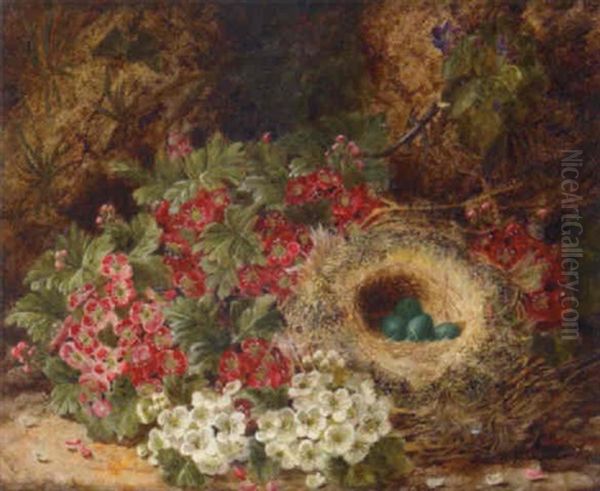 A Still Life With Robin's Eggs In A Nest And Flowers Oil Painting by Oliver Clare