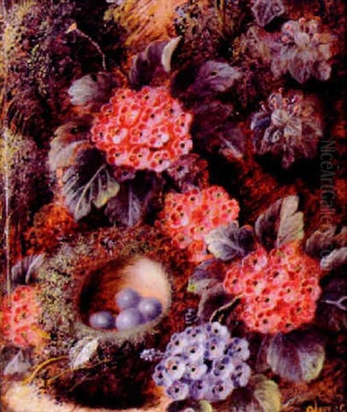 Still Life Of Primulas And A Bird's Nest On A Mossy Bank Oil Painting by Oliver Clare