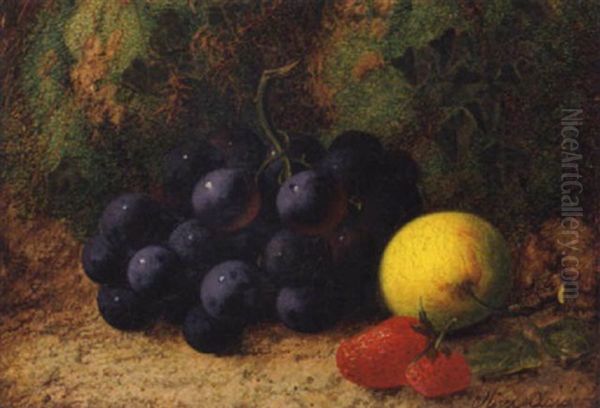 Grapes, Srawberries And An Apple, On A Mossy Bank Oil Painting by Oliver Clare