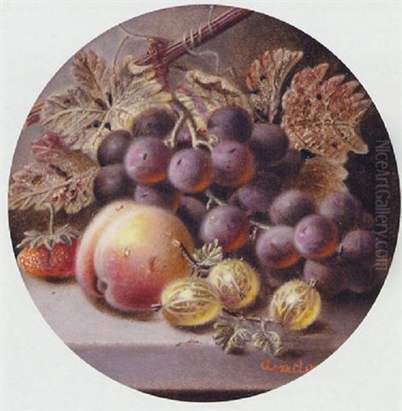 A Still Life Of Grapes, Peach, Gooseberries And Strawberry Oil Painting by Oliver Clare